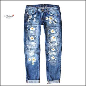 Mid Waisted Boyfriend Ripped Jeans Plaid Patch Distressed Skinny Stretch Denim